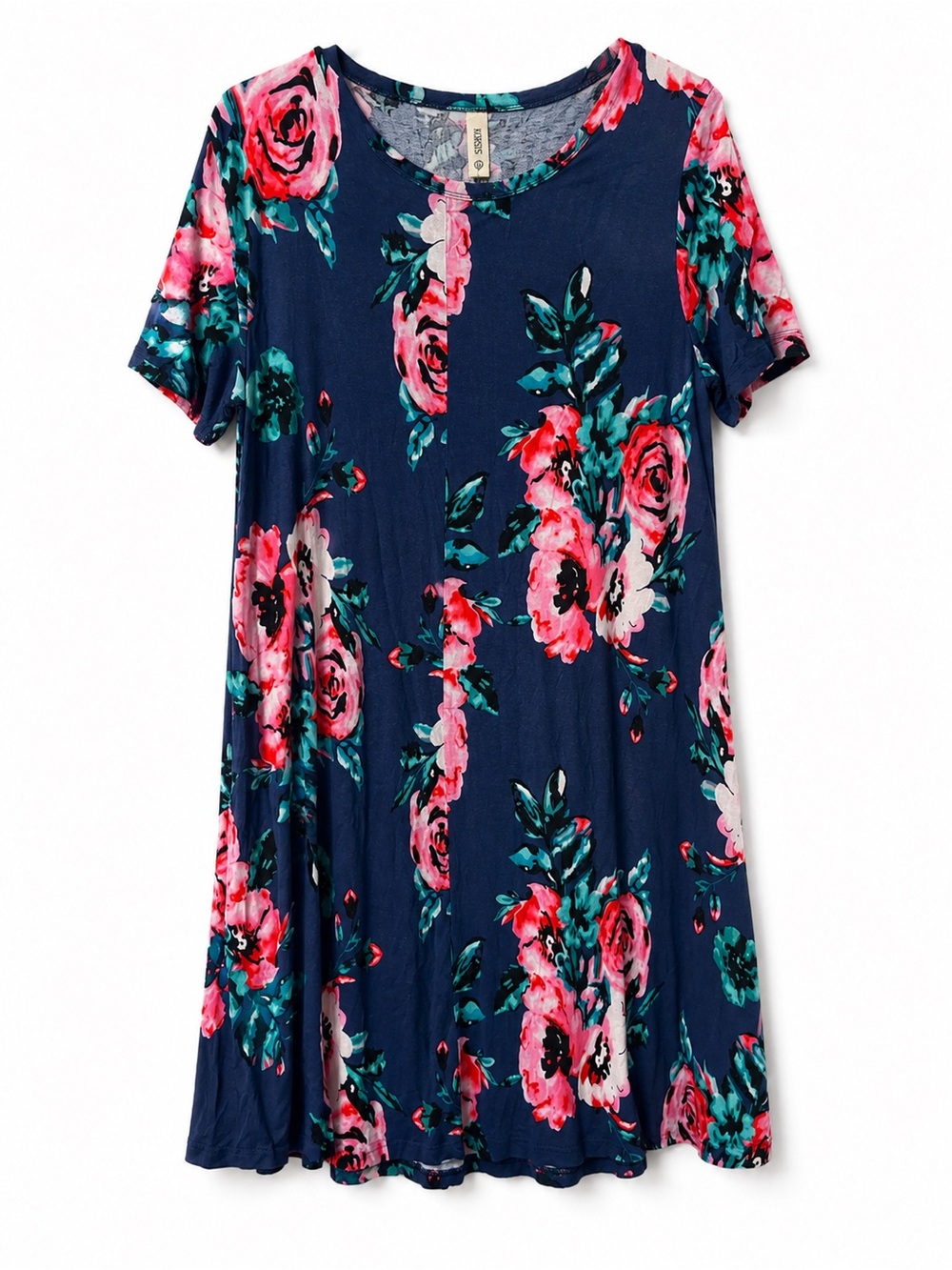 Korsis Navy Floral Swing Dress with Pink & Teal Blooms